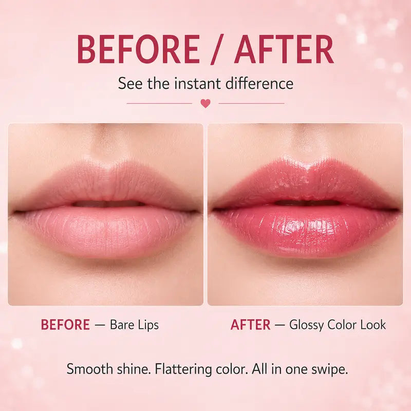Before and after showing bare lips and a smooth glossy color look
