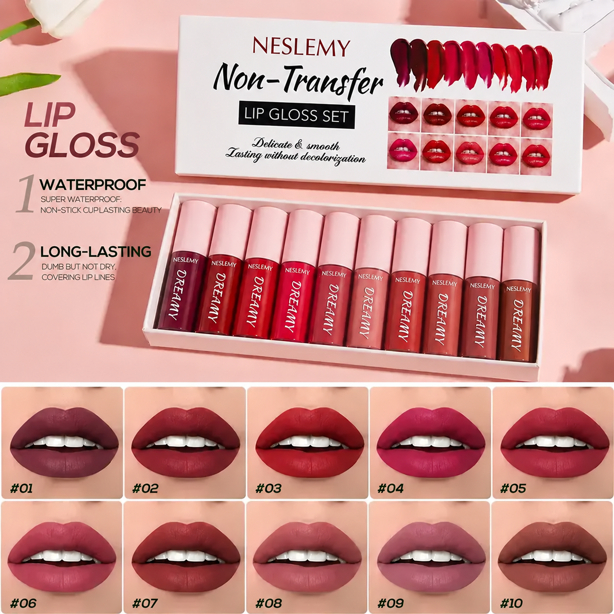 Ten lip shade examples with the boxed mini lip gloss collection