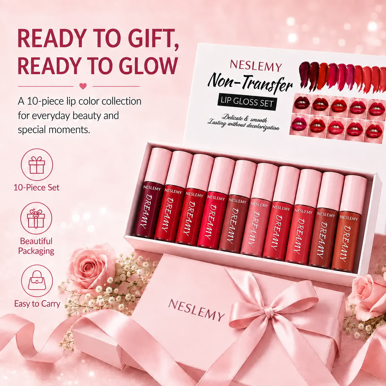 Ten-piece NESLEMY lip color gift set with ribbon and flowers