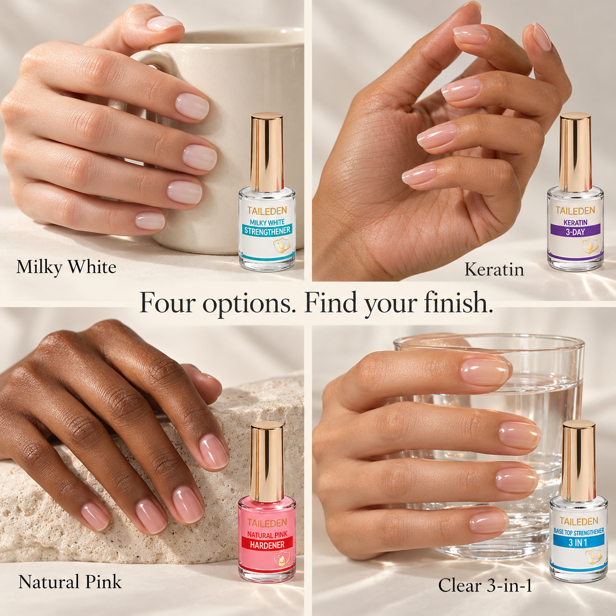 Four TAILEDEN nail polish options and their finishes