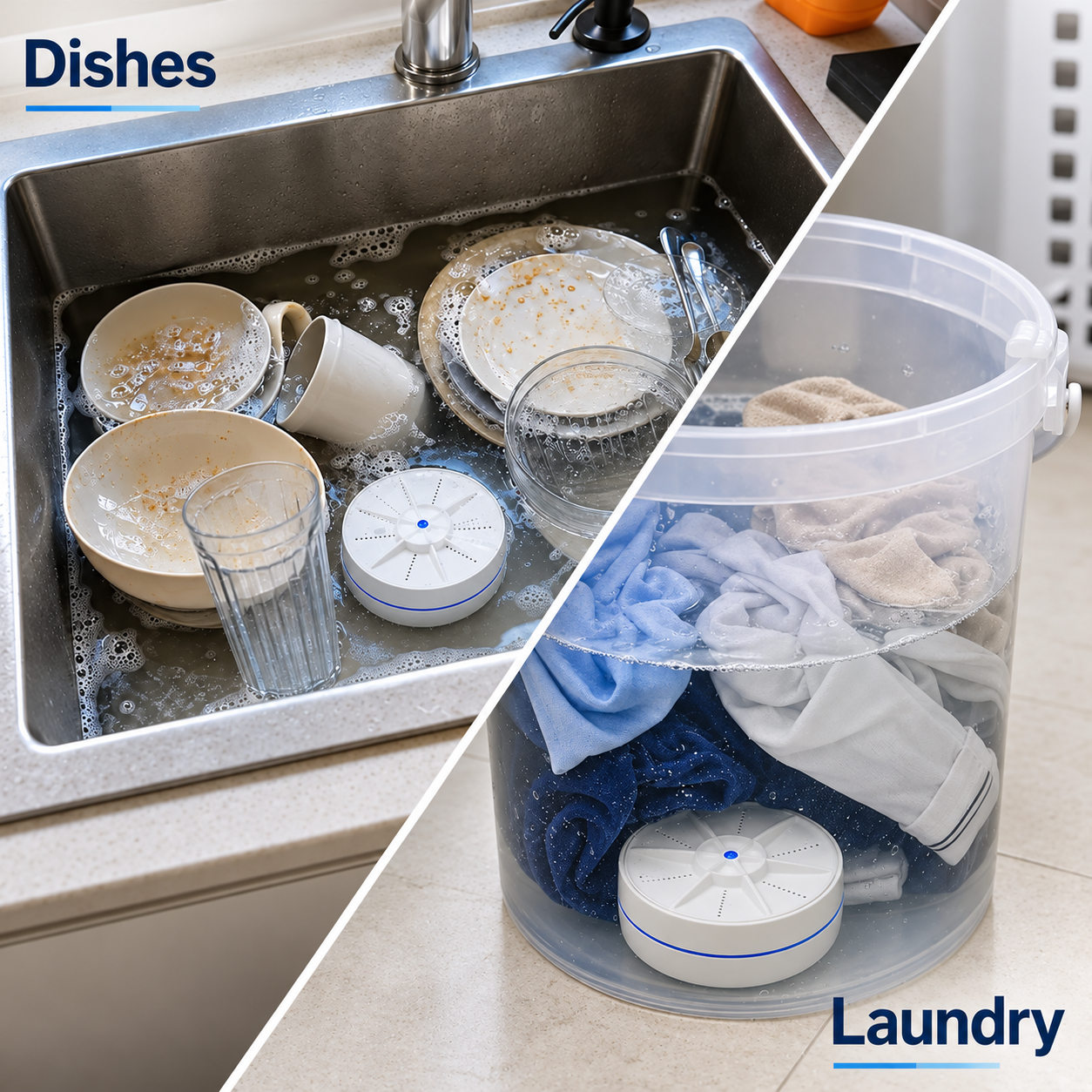 Separate dishes and laundry washing scenes with the portable mini washer